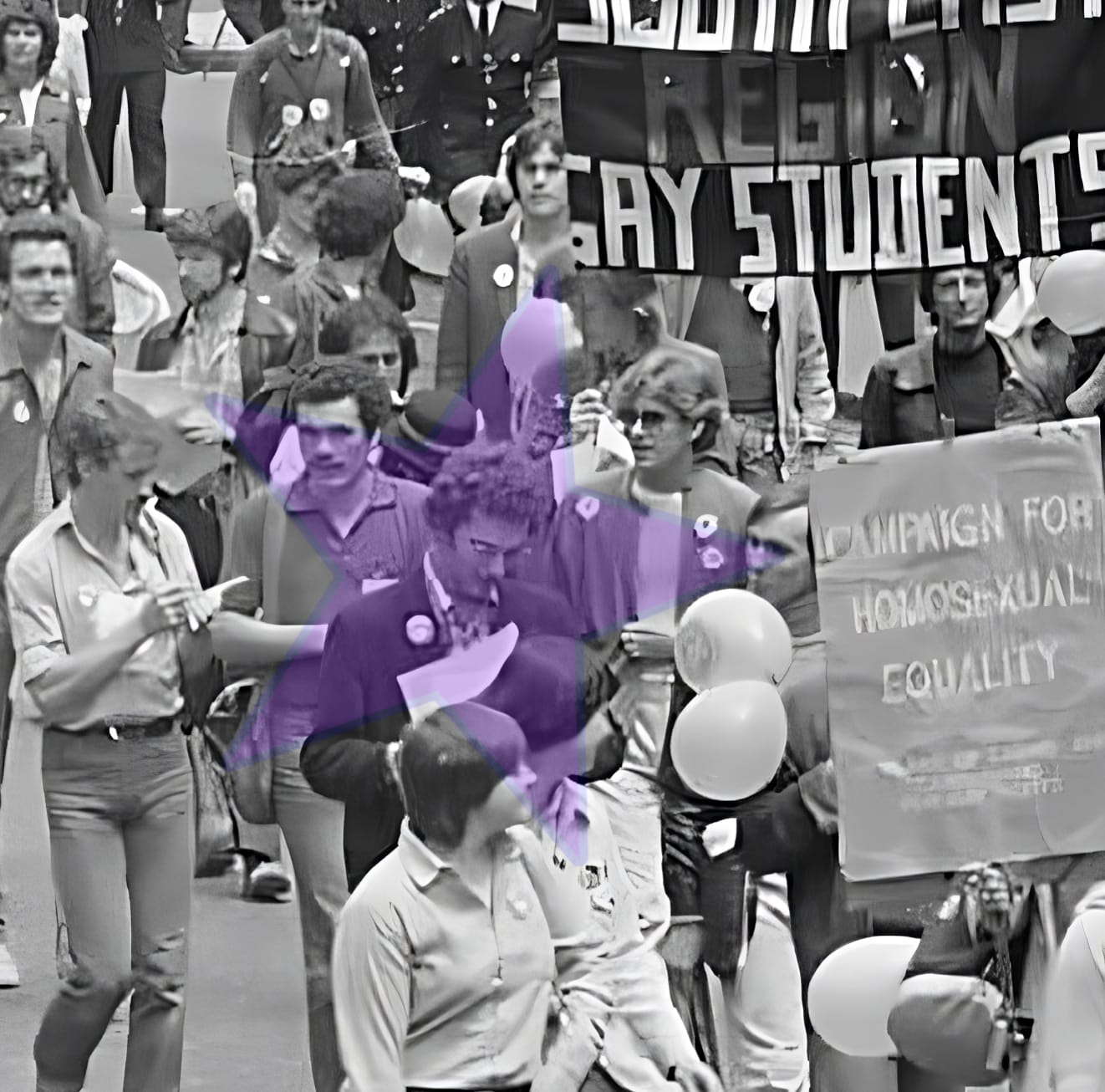 Black and white photograph from London Gay Pride 1979  Curly haired Jim  in the center is highlighted in purple overlay. Visible signage includes a banner reading "CAMPAIGN FOR HOMOSEXUAL EQUALITY" on the right side. 
