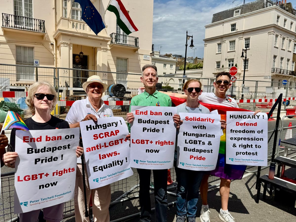 Hundreds of LGBTQ+ people and allies protest outside Hungarian Embassy over Budapest Pride ban