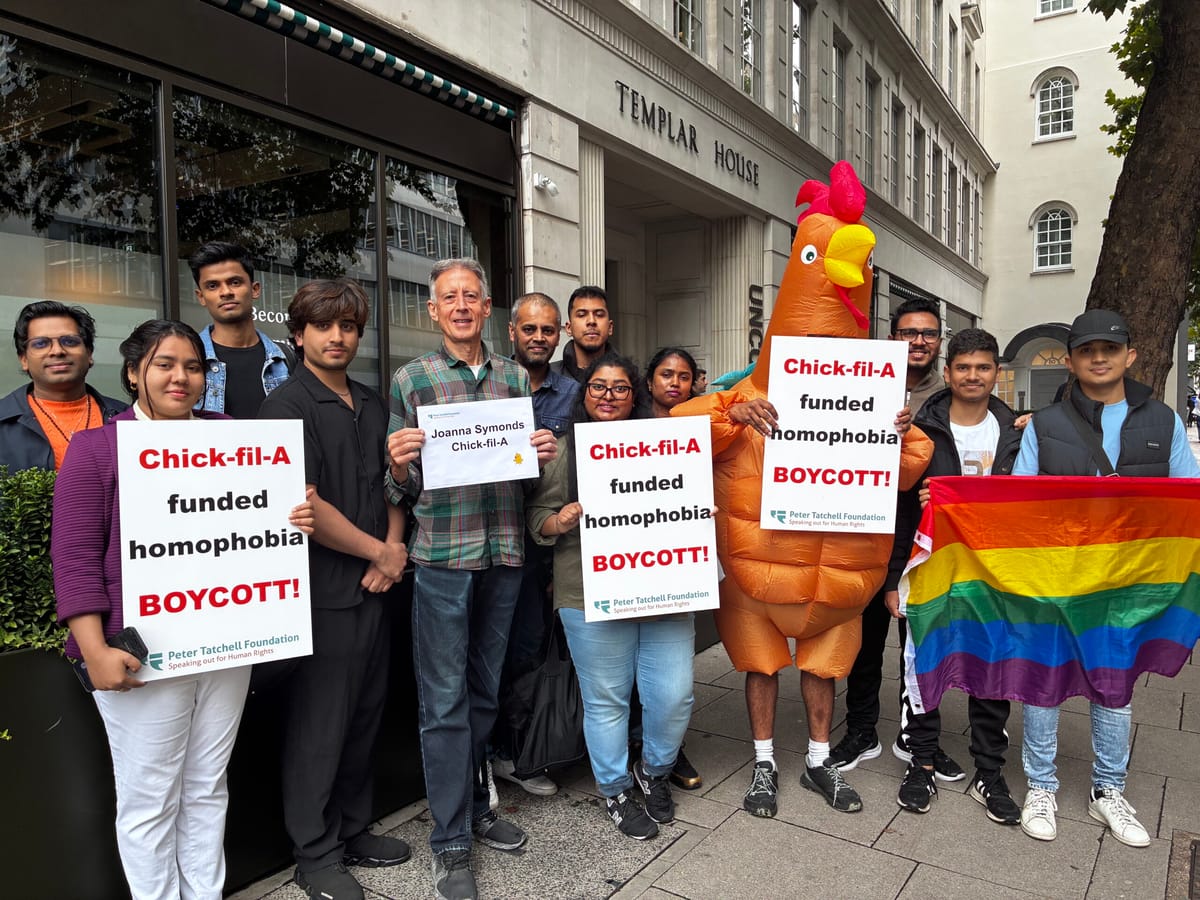 Peter Tatchell Foundation pickets "secret" UK HQ of "homophobic" fast-food giant Chick-fil-A