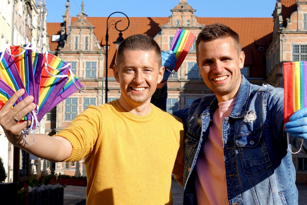 Gay Couple hand out Rainbow Masks on the Streets of Poland