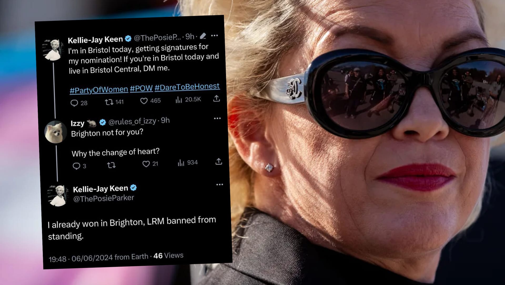 Anti-trans activist Kellie-Jay Keen-Minshull, also known as ‘Posie Parker’, implies she was responsible for Brighton Kemptown MP Lloyd Russell-Moyle’s downfall