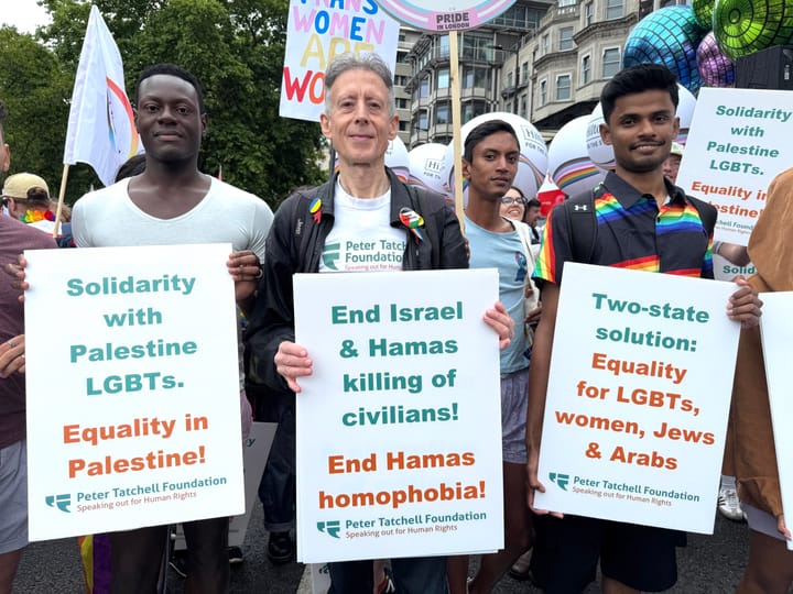 Peter Tatchell Foundation marches in solidarity with Palestinian LGBTs and "opposition to Hamas’s homophobia" at London Pride