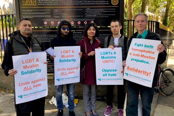 Tatchell and supporters challenge worshippers outside Regents Park mosque