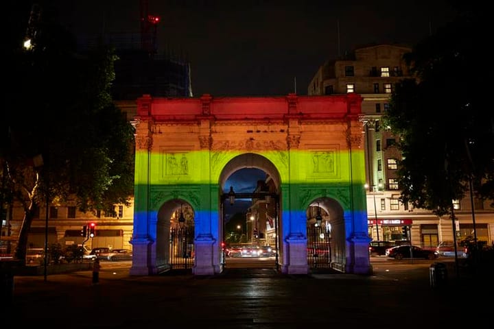 Marble Arch illuminated for London Pride