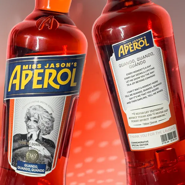 Pinkswag and Legends Brighton present a very special release: Aperol bottles featuring the iconic lyrics of the late Miss Jason’s beloved song, Quando Quando Quando
