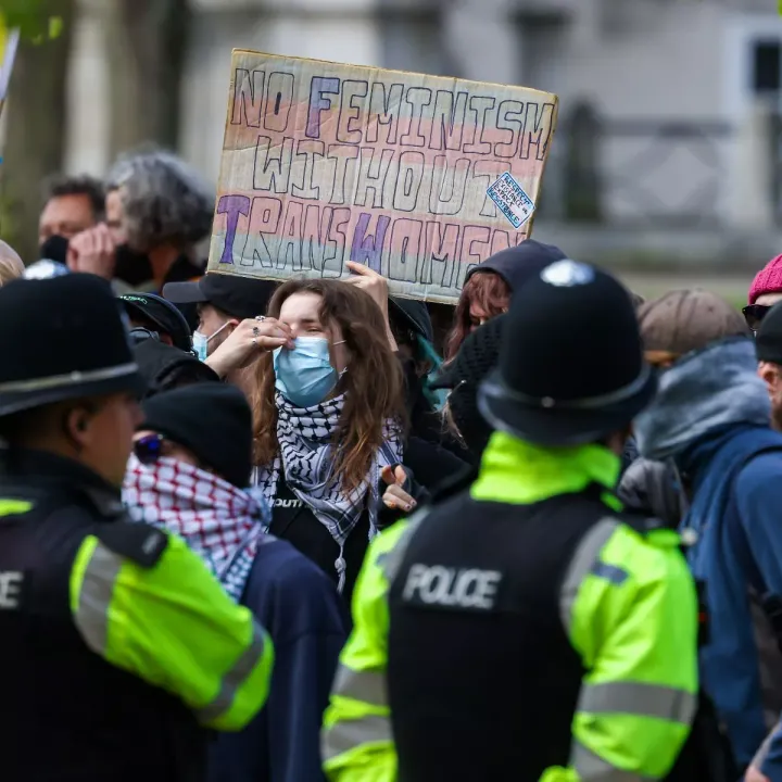 Supporters of trans rights outnumber anti-trans activists, including Kellie-Jay Keen aka Posie Parker, at a ‘Let Women Speak’ rally in Bristol