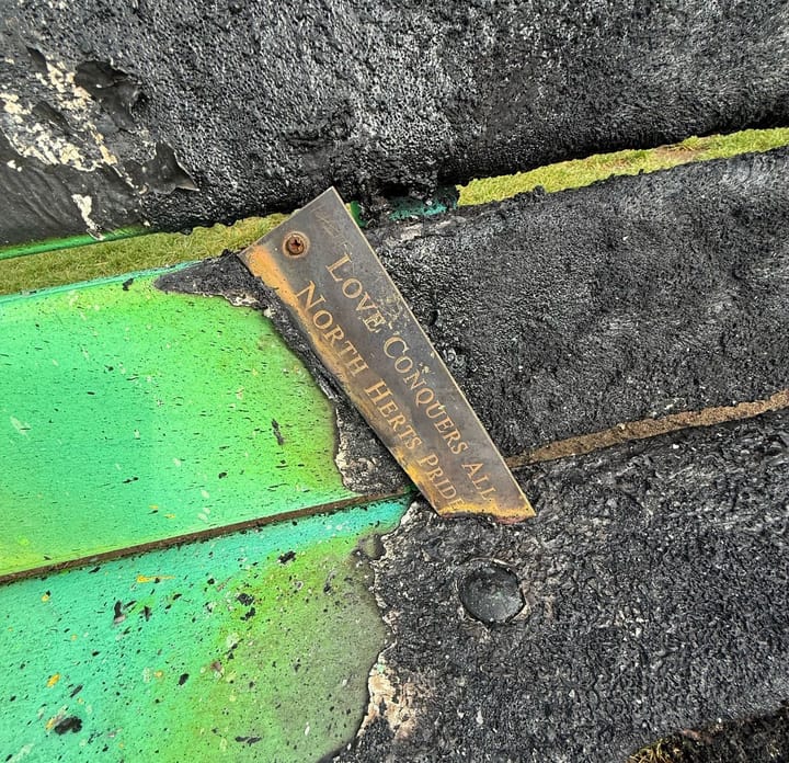 North Herts Pride launches Crowdfunder after rainbow bench was “deliberately set on fire”