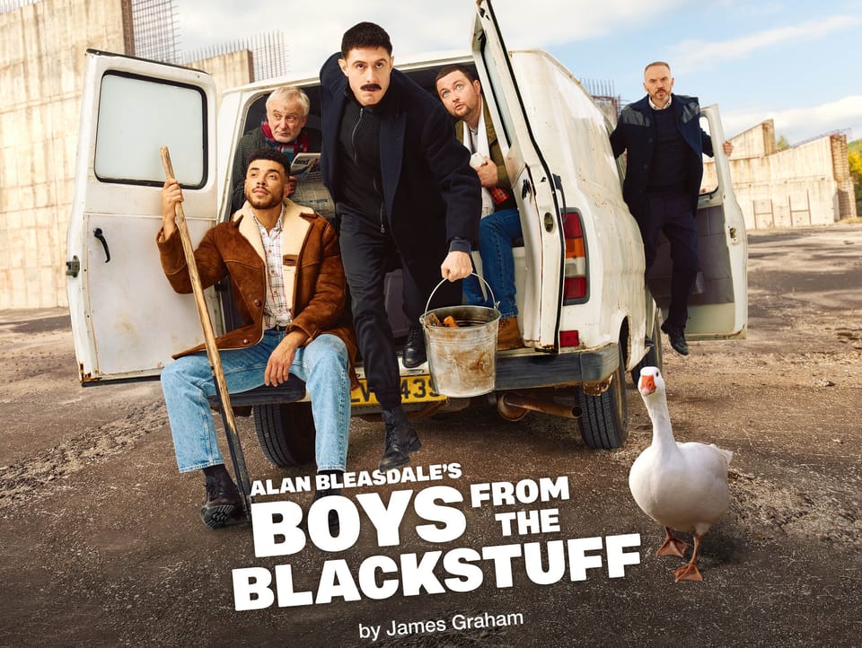 Five men are clustered around a delightfully beaten-up white van like they're about to embark on either a community service project or the world's most wholesome heist. 