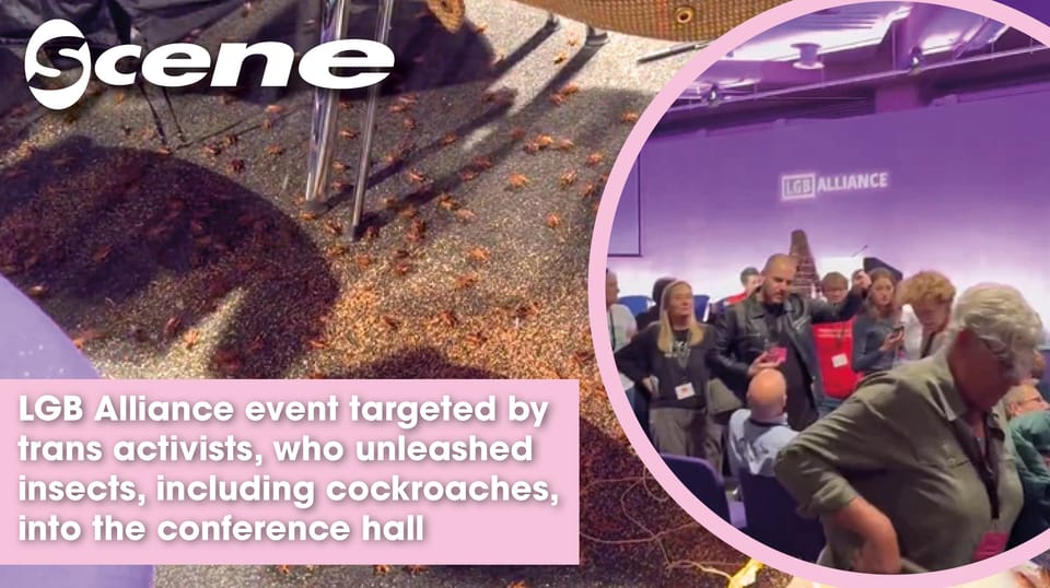 Trans activists release insects, including cockroaches, during anti-trans group LGB Alliance event