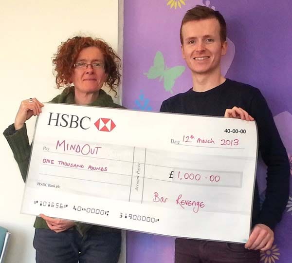 Helen Jones receives cheque from Revenge's Harry Woodhams