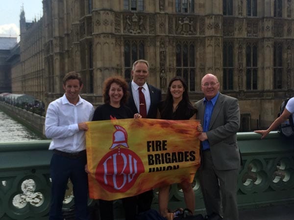 From L to R: Simon Herbert (Chair East Sussex FBU), Nancy Platts (PPC Brighton Kemptown and Peacehaven), Mark Brown (Secretary East Sussex FBU), Sarah Owen (PPC Hastings and Rye), Cllr Phil Scott (Labour Lead on East Sussex Fire Authority)