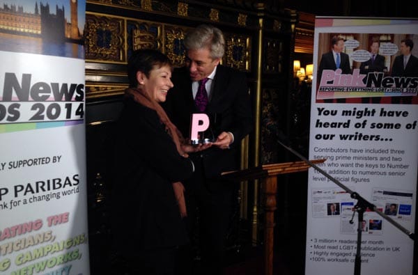 Caroline Lucas receives her award from the Speaker, John Bercow MP