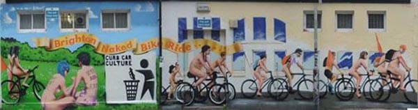 Naked bike ride mural in Providence Place, Brighton