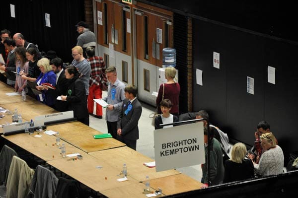 Tellers await the arrival of ballot forms from Brighton Kemptown and Peacehaven Polling Stations