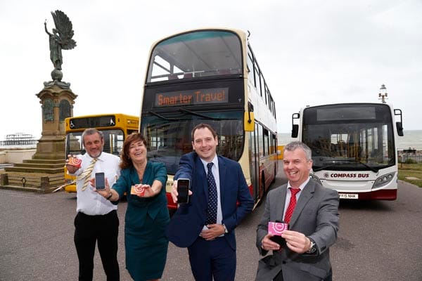 Brighton and Hove City Cllr Gill Mitchell launches the expansion of the Bus Key Cards in Brighton and Hove with L-R Neil Morgan (The Big Lemon) Nick Hill (Brighton &  Hove Buses) and Joe Beckley ( Compass Travel). From August 3rd the electronic smart tickets will be accepted onThe Big Lemon and Compass Travel buses as well as Brighton & Hove buses.