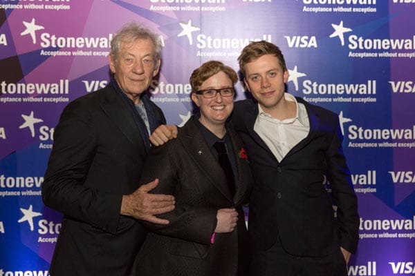 Sir Ian McKellen with Stonewall CEO Ruth Hunt and Owen Jones