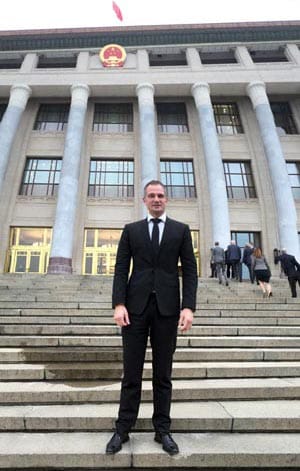 On the steps of the Hall of the People in Beijing