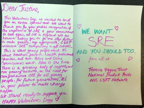 A card to Justine Greening, Secretary of State for Education: Image: Terrence Higgins Trust