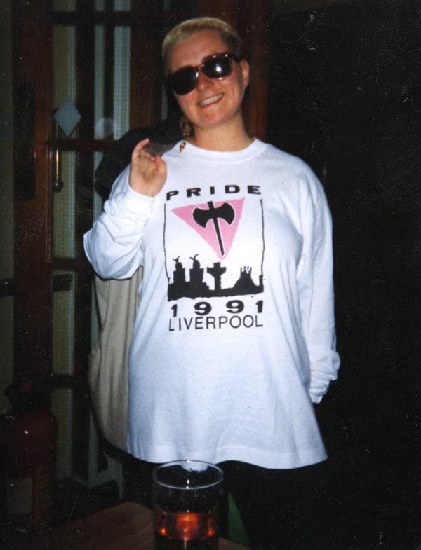 Fi Kellet wears her Liverpool  Lesbian and Gay Pride 1991 t-shirt with pride: News From Nowhere Julie Callaghan 