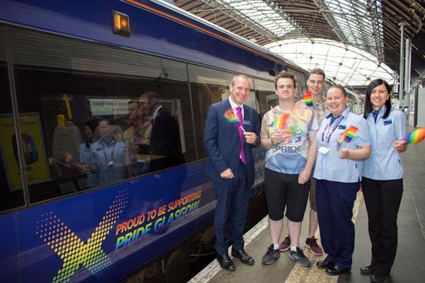 (Left to right) ScotRail Alliance Sustainability & Safety Assurance Director David Lister, Pride Glasgow Trustee David Sinclair, John Moore of Pride Glasgow and Queen Street Station team members Josie & Marta.