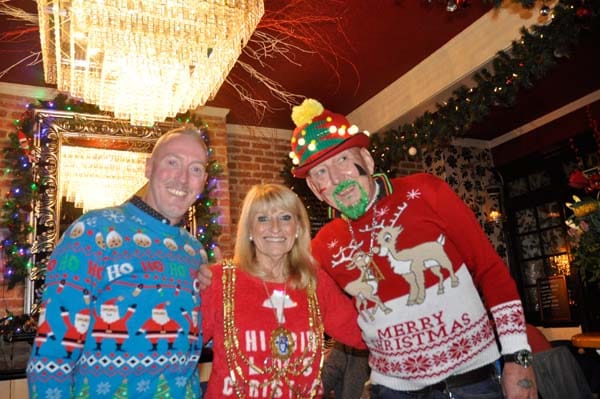 Danny Dwyer, Mayor of Brighton & Hove, and Christmas jumper winner Michael Greenbeard