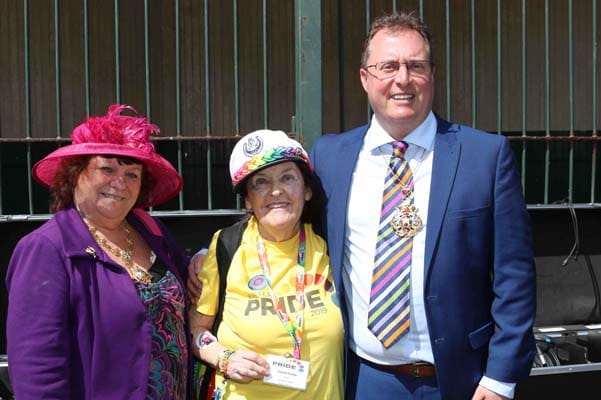 The Lord Mayor of Exeter Cllr Rob Hannaford and consort with Exeter Pride sponsor, Elaine Evans (centre).