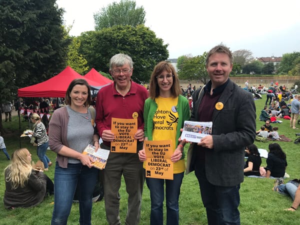 Local Brighton and Hove Lib Dem activists with Nick Perry at St Ann’s Well Gardens Spring Festival from left: Orla May, Andrew England, Elizabeth Craig and Nick Perry