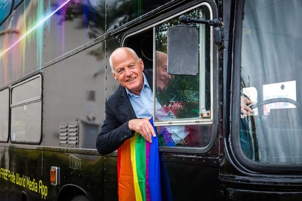 Pride Media Centre Lord Cashman CBE on the Pride bus